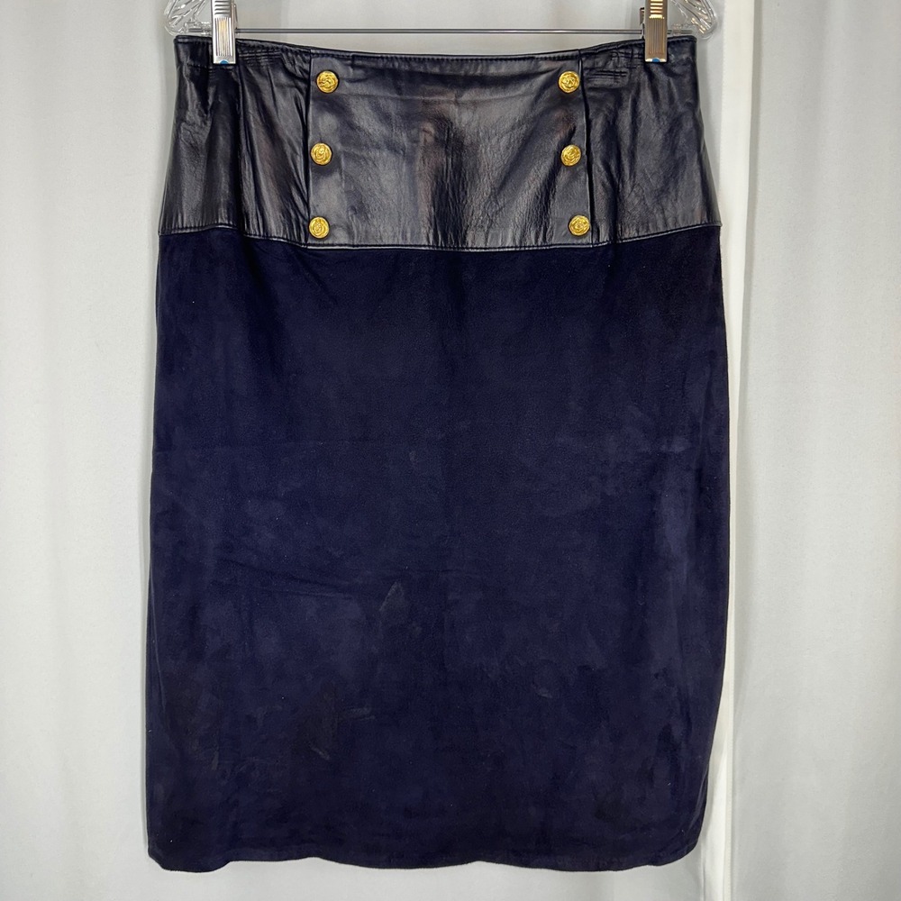 Vintage VAKKO Navy Suede Leather Pencil Skirt Size 14 Gold Button High Waist